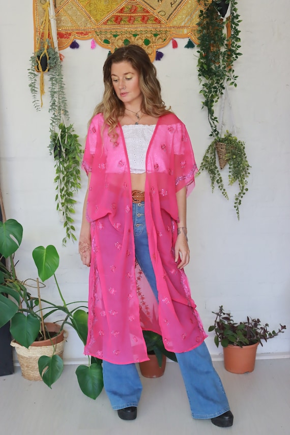 EMBELLISHED PINK KIMONO - Bespoke - Vintage Silk - Upcycled kaftan - Festival - Summer Jacket - Vacation - Sequin Dress - Stevie Nicks Retro