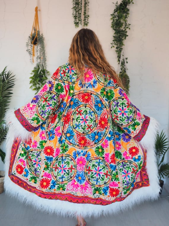 PENNY LANE COAT - Reversible Afghan - Unisex - Vintage - Embroidered Faux Fur coat - Embroidery - 70's Hippie Jacket - Cotton