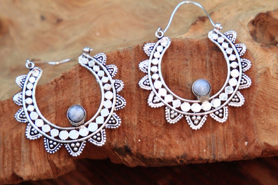 MOONSTONE FLOWER EARRINGS - Statement Bohemian Set - Tribal jewellery Sale - Handmade crystal jewellery - Moon Gift - Zodiac - Birthstone