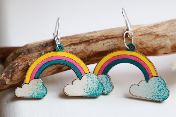 RAINBOW PRIDE EARRINGS - Summer - Hand painted wooden earrings - Laser cut Reclaimed wood - Eco - Lgbtq - Gay pride - Cloud Earrings - Happy