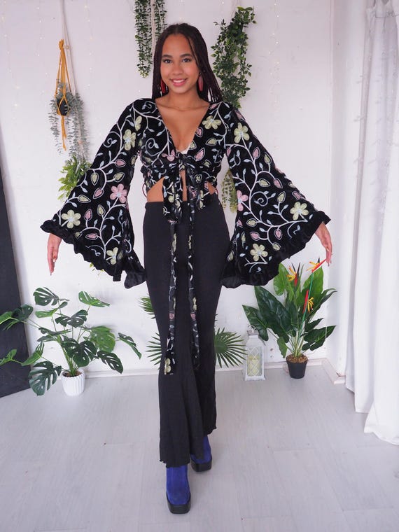 EMBROIDERED FRILL TOP - Black Velvet Sequin Bell sleeve - Winter - Vintage - Stevie Nicks Abba - Psychedelic 60's 70's - Boho Christmas Gift