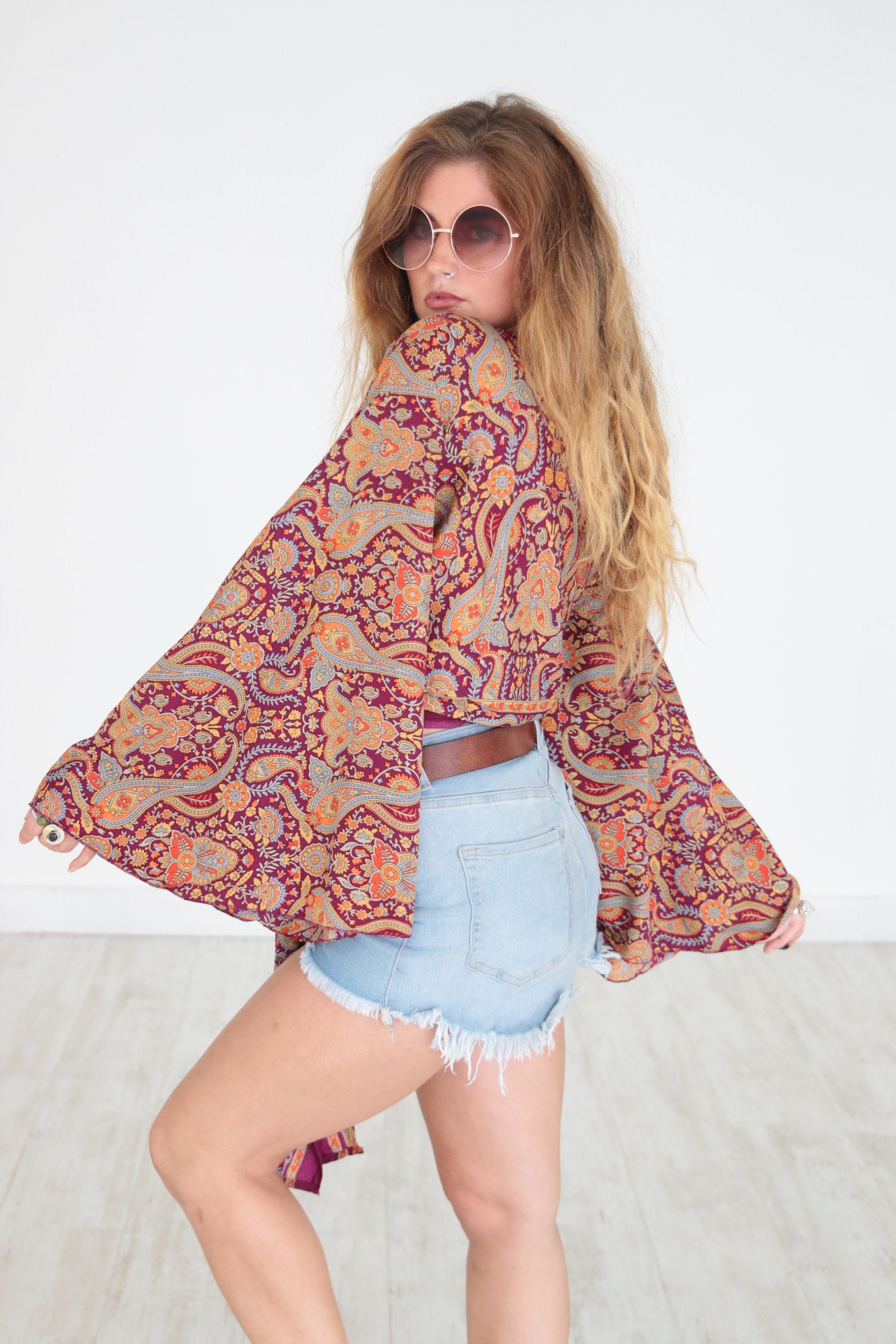 VIOLET PAISLEY TOP - Bell sleeve crop top - Silk Tie Top - Vintage ...