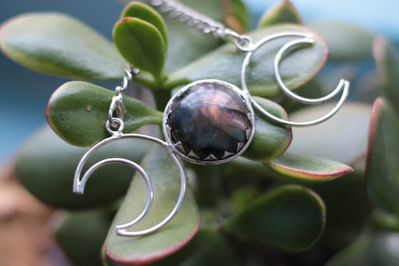 LABRADORITE GALAXY NECKLACE - Triple moon Goddess - Statement Sterling Silver Necklace - Moon child - Healing Crystal Necklace - Chakra Gift