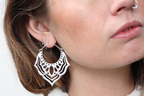 LARGE TRIBAL EARRINGS -Ethnic jewelry - Tribal jewellery- Sacred Geometry - Lotus Flower- Silver Plated - Gift Set- Flower earrings