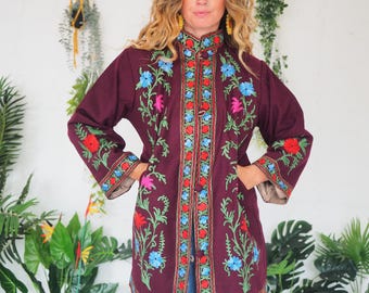 KASHMIRI SHIRT JACKET - 60's 70's - Beatles Sgt Pepper Coat - Embroidered Top - Cotton - Wool blend Cardigan - Mini Tunic Dress - Zara Style