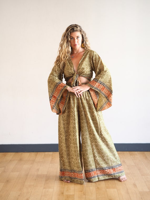 SILK GODDESS SET - Bell sleeve & Trouser set - Jumpsuit - 70's Flares - Co-ord pant set - Vintage Playsuit - Reworked Silk Blend - 60's Boho