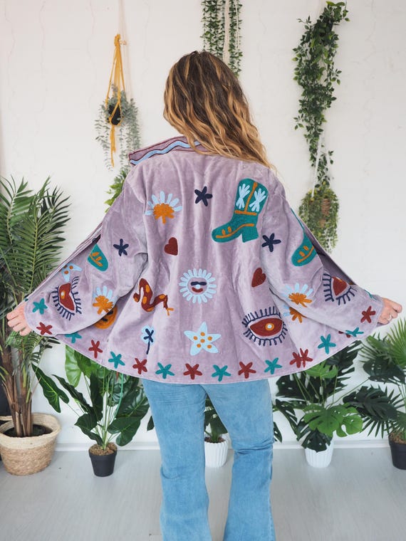 REVERSIBLE COWBOY JACKET - Velvet - Cotton - Unisex - Pinstripe - Applique - Snake - Cowboy Boot - Trippy - Festival