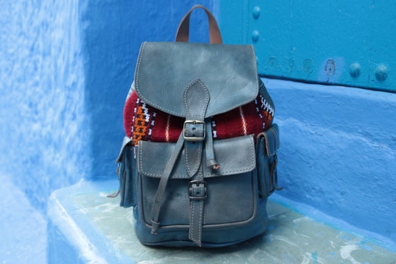 GREY/BLUE RUCKSACK - Large Vintage Rucksack - 60's / 70's - Aztec - Vintage Moroccan Fabric - Leather School bag - Travel Backpack - Student