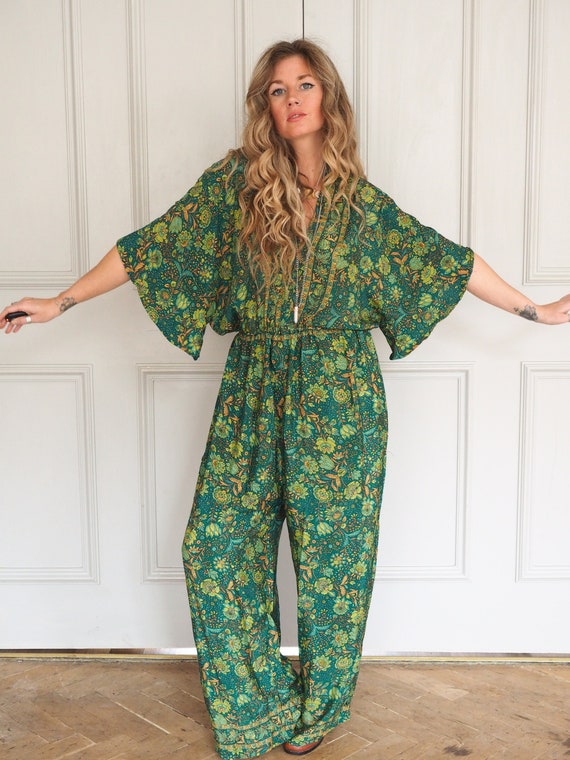 AUTUMN GREEN JUMPSUIT - Wide leg - Psychedelic - Hippie Overalls - Pockets - Backless - Open Back - Flare Dungarees - New Year - Paisley