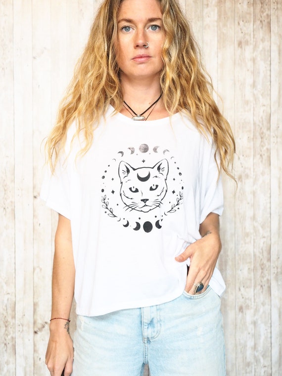 COSMIC CAT CROP - Screen Print - Limited Edition - Vegan Approved T-shirt - Non Binary - Unisex Top - Moon phase - Yoga Tee - Cat Crop Top