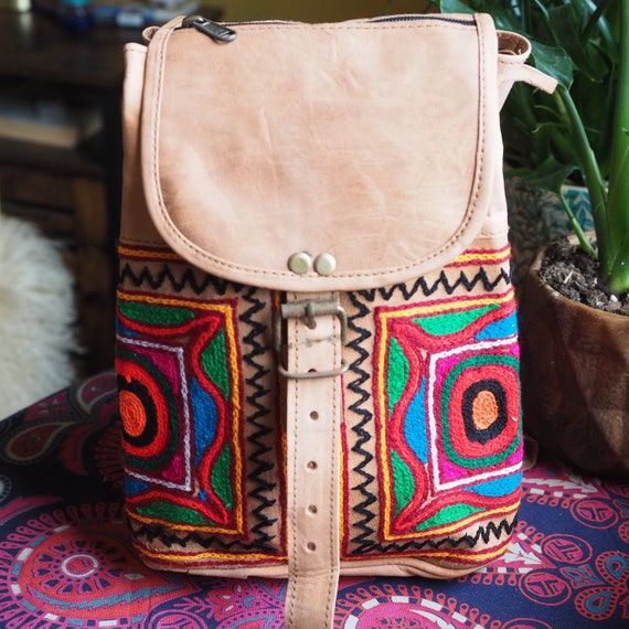 EMBROIDERED INDIAN BACKPACK - Mini Vintage Leather Rucksack - Boho Back to school Bag - Rainbow - Recycled Leather - Travel Gift - Christmas