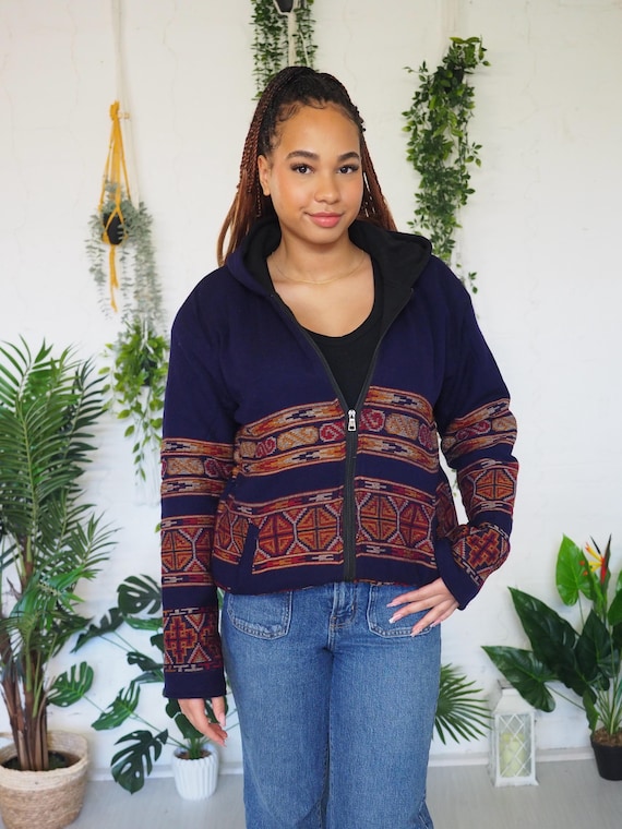 PURPLE BOMBER - Cotton Aztec Coat - Thermal Unisex Hoodie - Fleece Hooded Jacket - Mens Jumper - Carpet Jacket - Cosy Winter Lounge wear