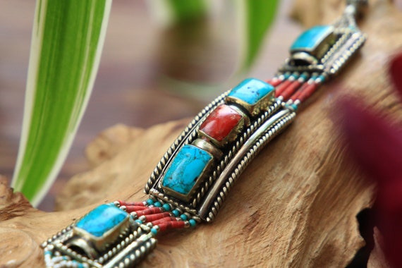 VINTAGE NEPALESE BANGLE - Tibetan Style bracelet - Statement Arm cuff - Afghan Indian Jewellery - Unique Boho Gift - Antique Coral Turquoise