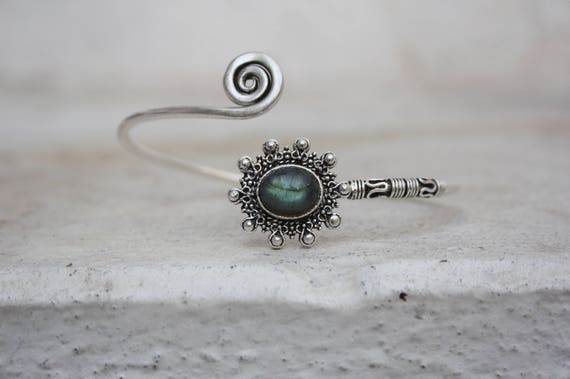 LABRADORITE MIDI CUFF -Silver Bracelet- Healing Crystal Jewellery- Bangle - Statement bracelet- Vintage jewellery- Stocking Filler- Gift
