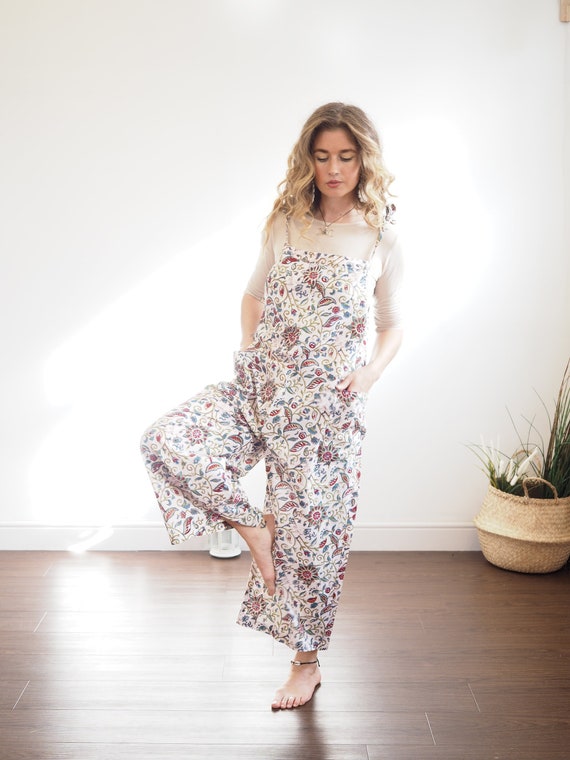 BLOCKPRINT COTTON DUNGAREES - Ruby Sparrow - Soft Cotton Overalls - Floral - Lucy and Yak - Vintage Summer - Wide Leg Pants - Non Binary