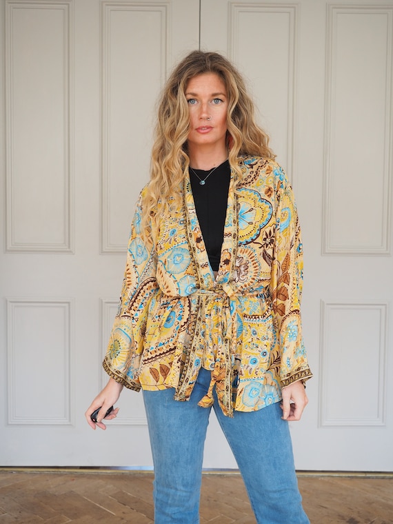 AUTUMN KIMONO WRAP - Silk Crop jacket - Lightweight - Beach Cover up - Kaftan - Dressing Gown - Lounge wear - Vacation - Autumn Winter Coat