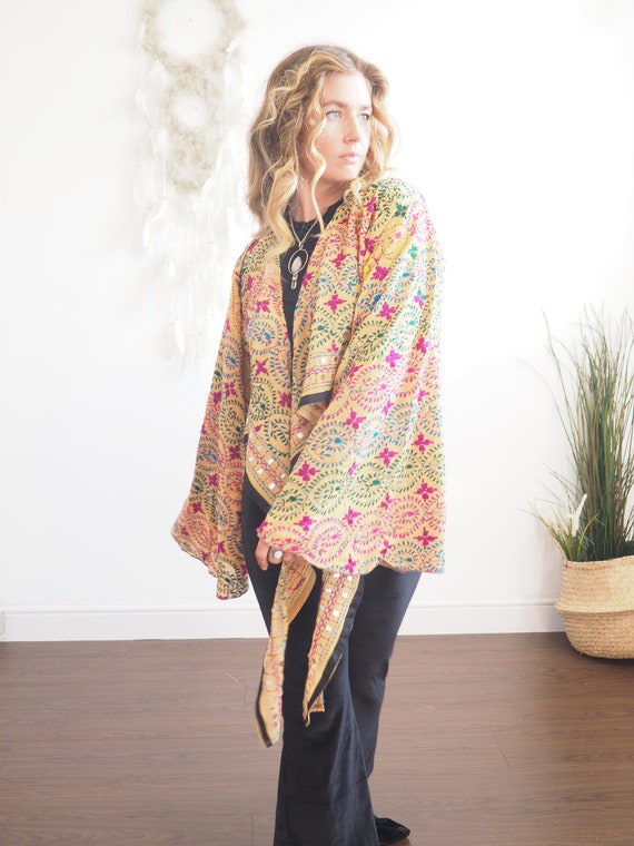 EMBROIDERED SILK TOP - One Available - Bell sleeve - 70s 60'S - Recycled Fabric - Vintage Kimono - Heavily Embellished - Hand embroidered