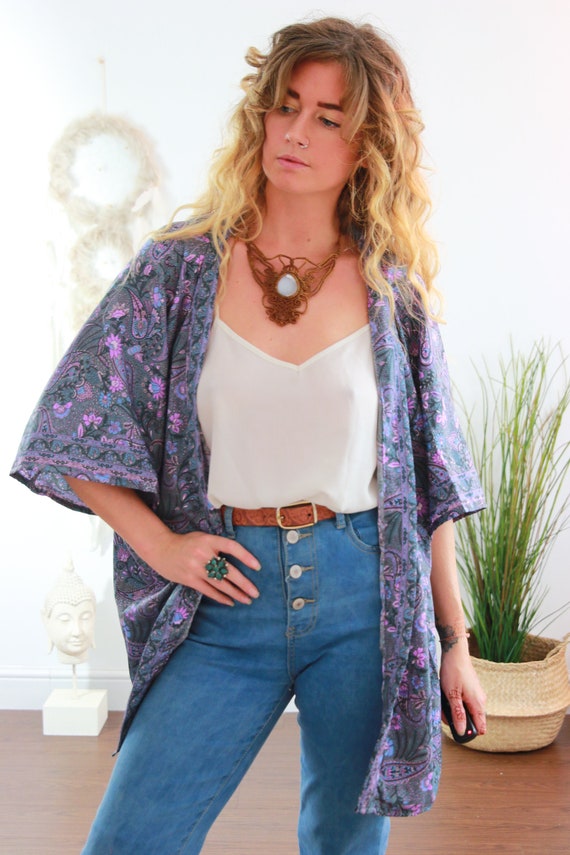RUBY SPARROW CROP - Bohemian Silk Kaftan - Japanese Style Kimono - Slow Fashion - Autumn Shawl - Wrap Top - Indian Jacket - Paisley Dress