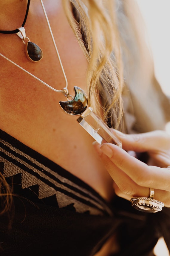 Xl LABRADORITE MOON PENDANT - Chunky Quartz Necklace - Sterling Silver - Reiki Blessed - High Vibration - Glowing Crystal - Dowsing Pendulum