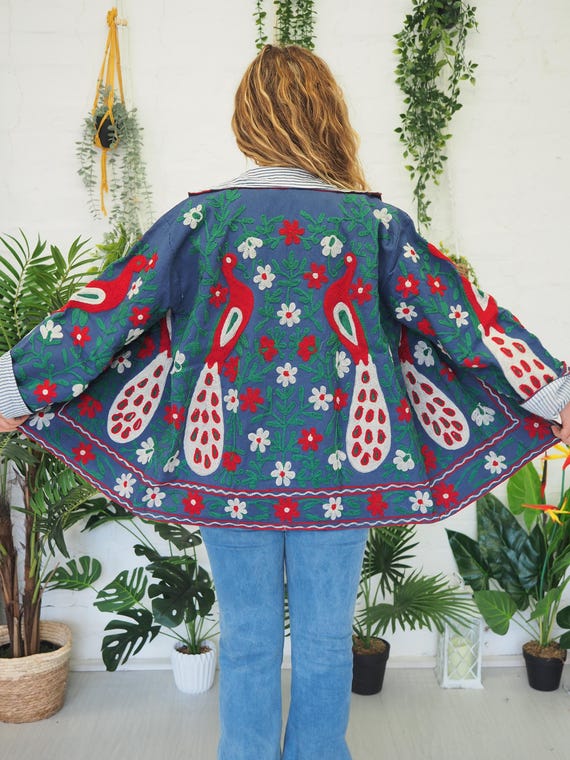 REVERSIBLE SHIRT JACKET - 70's Vintage Style - Retro 60's - Suzani - Men's Hippie Festival coat - Peacock Blazer - Canvas Cotton Fabric - M