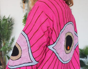REVERSIBLE EYE JACKET - Stickerei Mantel - Zara Style - Baumwoll Unisex Jacke - Vintage inspiriert - Hippie - Festival - Pink - UK 12