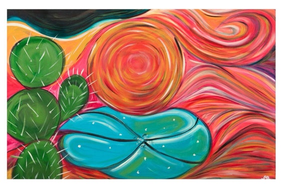 MEXICAN DESERT TRIP - Original Artwork - Cactus/Peyote Painting - A4 Print - Mexican Art - Surreal Wall art - Visionary - Psychedelic Sun