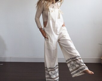 OFFENER JUMPSUIT - White Ruby Sparrow Overall - Leinenspielanzug - Bio-Baumwolllatzhose - Taschen - Lässig - Boho Heimkleidung - Langes Bein
