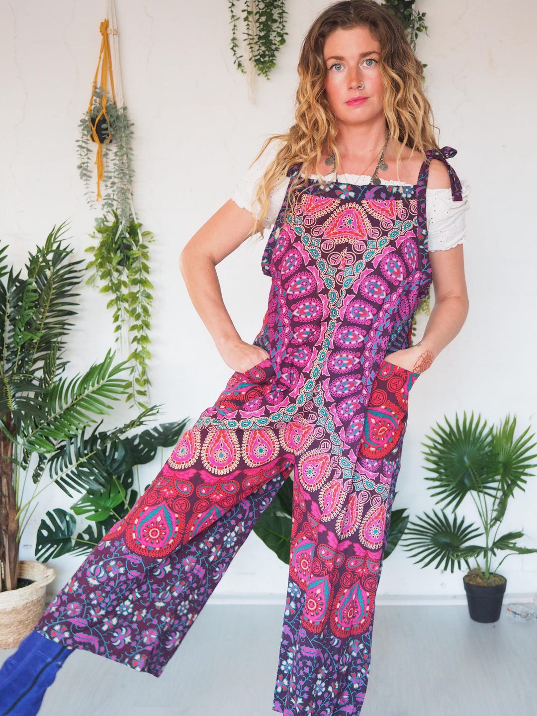 Patchwork Ohm Mandala Wide Leg Dungarees