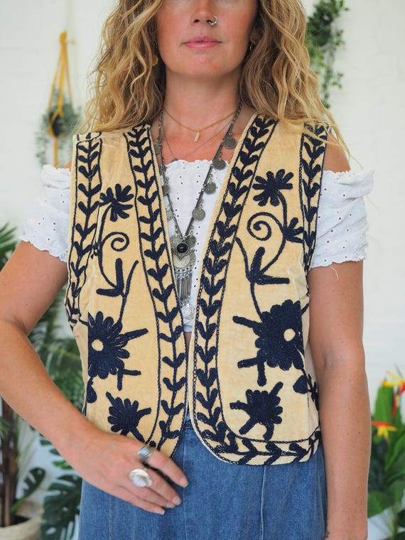 REVERSIBLE VELVET VEST - Spring Summer Festival - Re-worked Vintage - 60's 70's Bohemian Gilet - 90's Grunge - Embroidered Boho Waistcoat