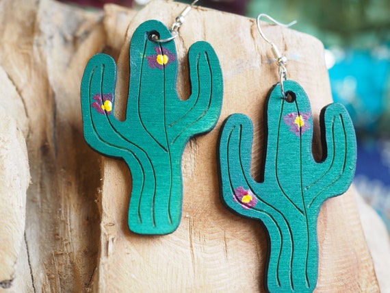 STATEMENT CACTUS EARRINGS - Summer - Flower Power - Daisy - Hope Symbol - Hand painted - Reclaimed wood earrings - Laser cut - Eco Gift