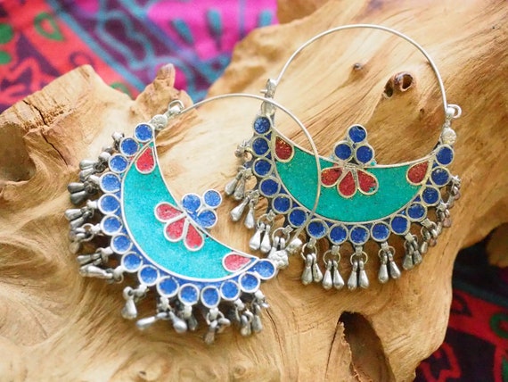 AFGHANI EARRINGS - Turquoise & Coral - Vintage - Handmade - Bespoke - Kuchi - Mosaic - Gypsy - One of a Kind - Statement - Festival - Indian