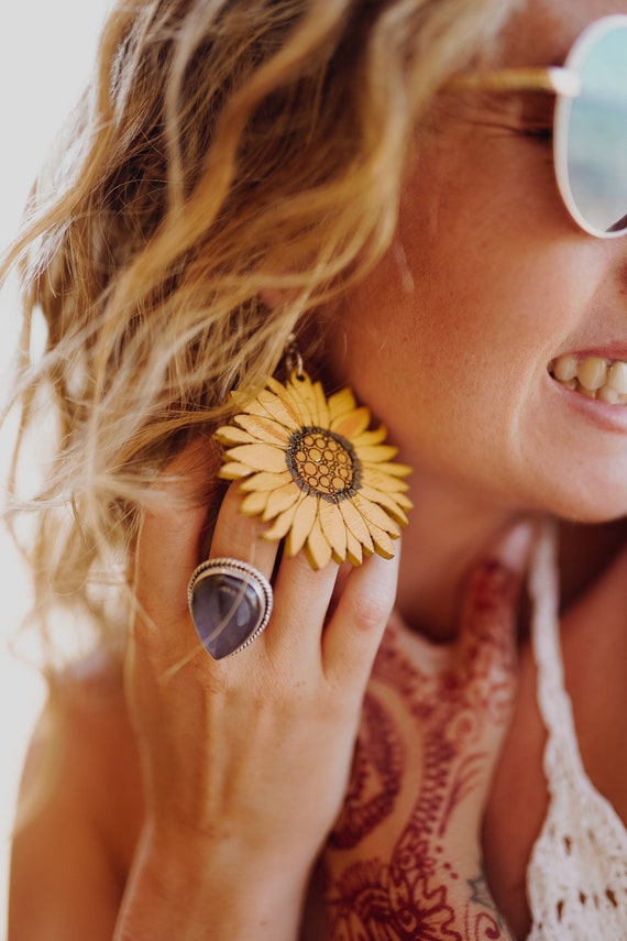 STATEMENT SUNFLOWER EARRINGS - Summer - Flower Power - Daisy - Hope Symbol - Hand painted - Reclaimed wood earrings - Laser cut - Eco Gift