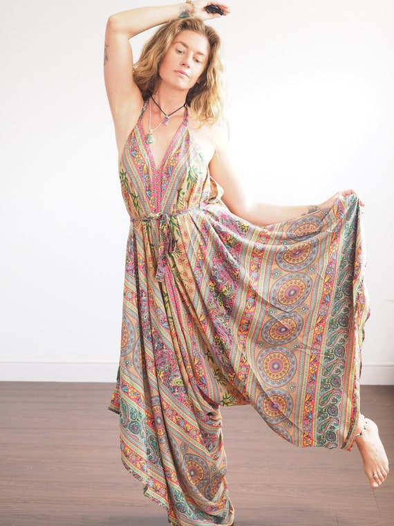 FLOATY JUMPSUIT DRESS - Silk Overalls with pockets! - Festival Playsuit - Multi wear - Pocket dress - Backless Dress - Boho wedding - Summer