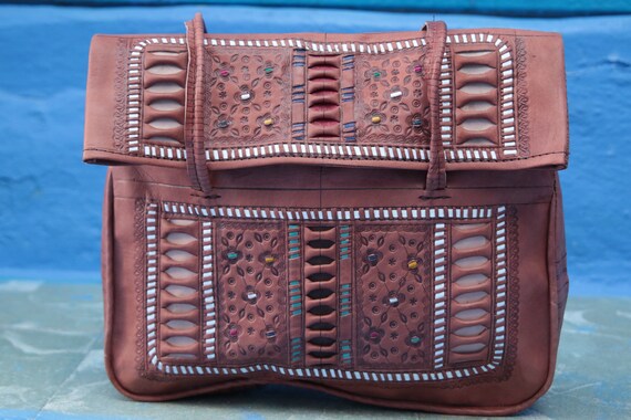 VINTAGE LEATHER PURSE - Vintage Handbag - Hand tooled - Satchel - Autumn - Fall Style - Luxury Leather bag - Carrycase - Laptop - Gift