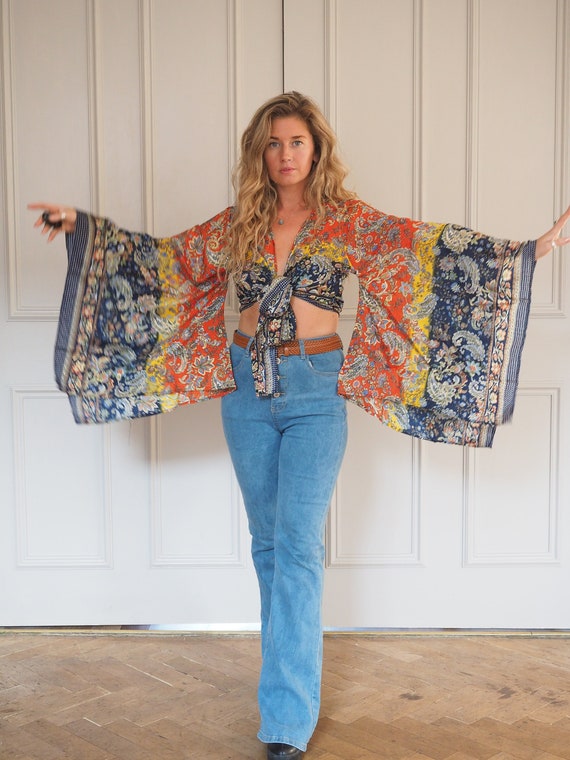 BELL SLEEVE TOP - Extra large sleeve - Crop tie top - 70s batwing wrap - Stevie nicks - Halloween - Autumn - Reworked vintage - Kimono Top