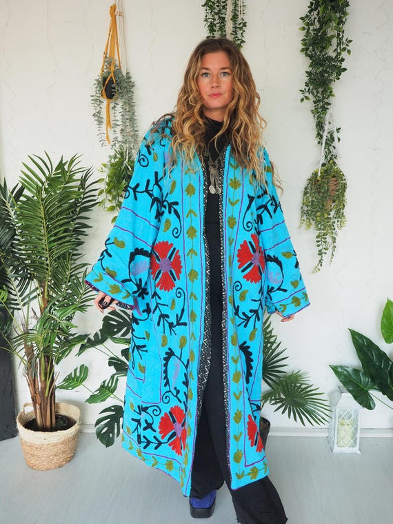 VINTAGE EMBROIDERED KIMONO - Reversible Kaftan - Oversized Unisex Festival Coat - Antique 70's 60's Hippie - Mens Cotton Jacket - Zara style