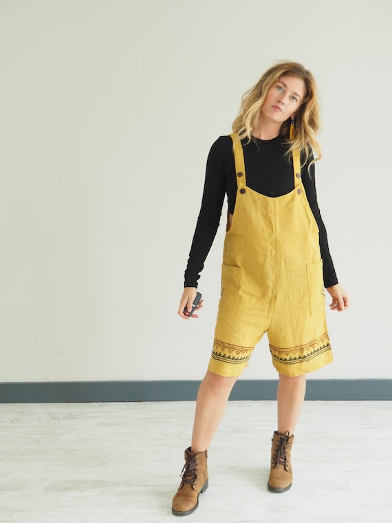 SUNSHINE PLAYSUIT - Mustard Short set - Ruby Sparrow Overalls - Organic Cotton linen - indian Block Print - Summer Unisex - Dungaree shorts