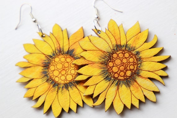 STATEMENT SUNFLOWER EARRINGS - Summer - Flower Power - Daisy - Hope Symbol - Hand painted - Reclaimed wood earrings - Laser cut - Eco Gift
