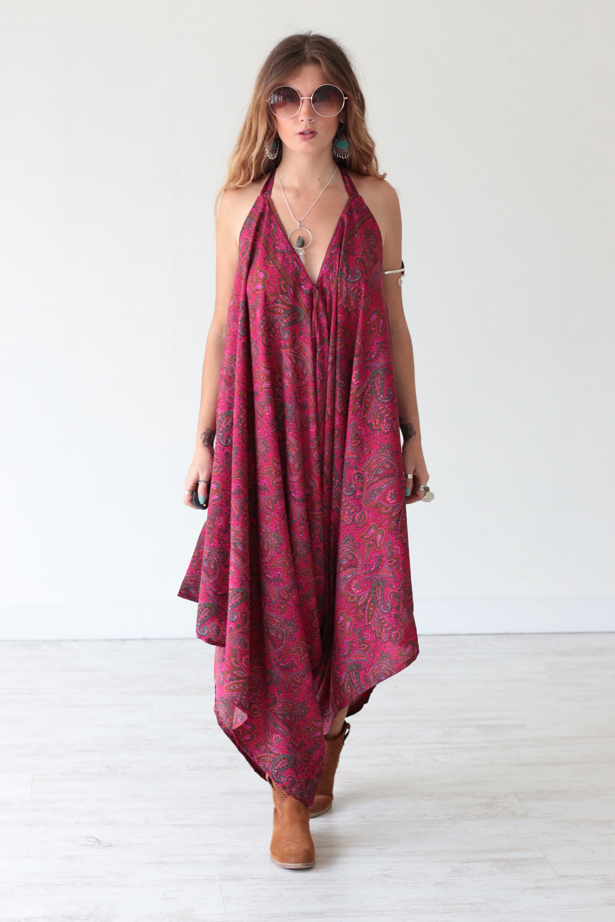 HAREM SILK JUMPSUIT - Pink Red Paisley - Super Soft - Vintage Sari Silk ...