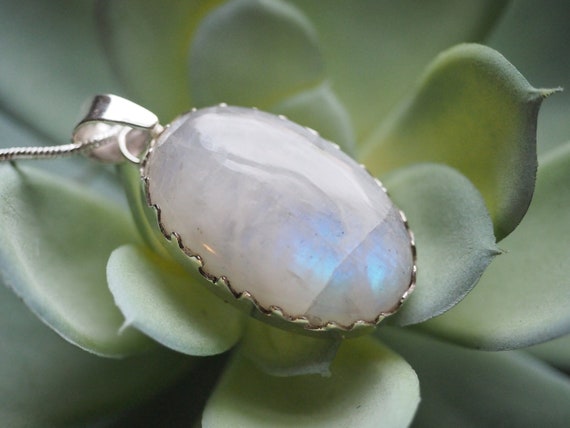 MOONSTONE SALE NECKLACE - Chipped - Hand carved bezel - Recycled Sterling Silver - X Large - Big Crystal Necklace - Glowing - Moon - Galaxy