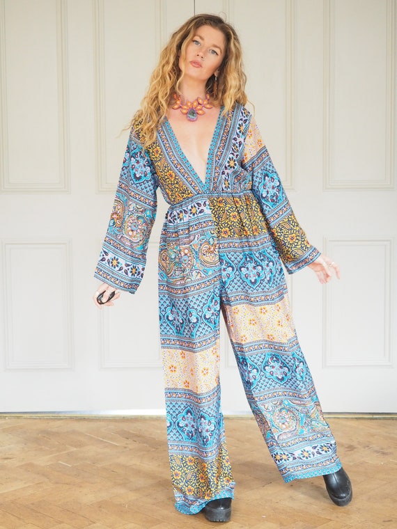 BARDOT BOILER SUIT - Wide leg Jumpsuit - Straight leg Trouser - Bootcut - Sari Silk - Boho Christmas - Winter Outfit - Deep V neck - Chic