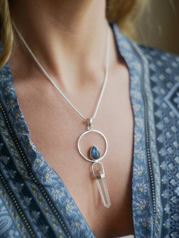 LABRADORITE & QUARTZ NECKLACE - Sterling Silver Necklace - Spiritual - Chakra Jewellery - Magic power necklace - Cleansing crystal Talisman