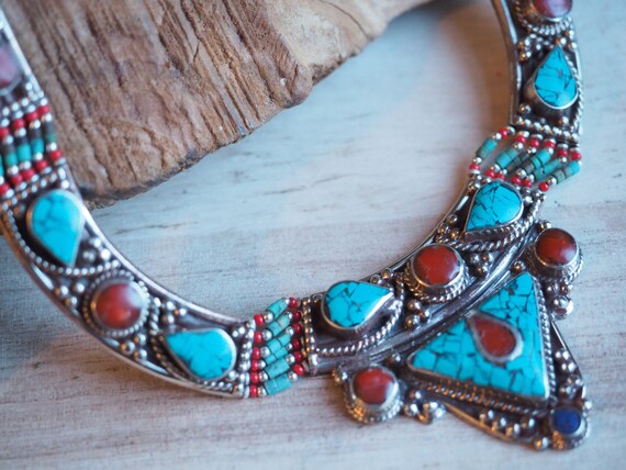 STATEMENT TIBETAN NECKLACE - Coral & Turquoise Necklace - Nepalese - Mosaic - Vintage - Gift Set - Birthstone - Healing Crystal necklace