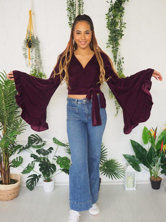 VELVET FRILL TOP - Rich Mauve Velvet Bell sleeve - Winter - Vintage - Stevie Nicks Abba - Psychedelic 60's 70's - Boho Christmas Gift Xl