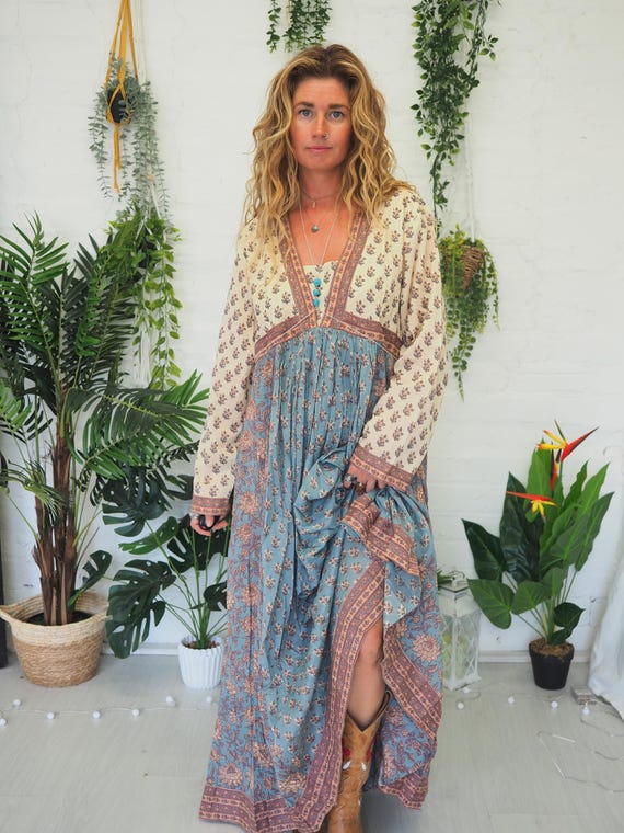 BOHO COTTON DRESS - Floral Folk Dress - Prairie dress - Summer Festival Dress - Paisley - Wedding - Maxi - Maternity - Uk 10-12 - Hippie