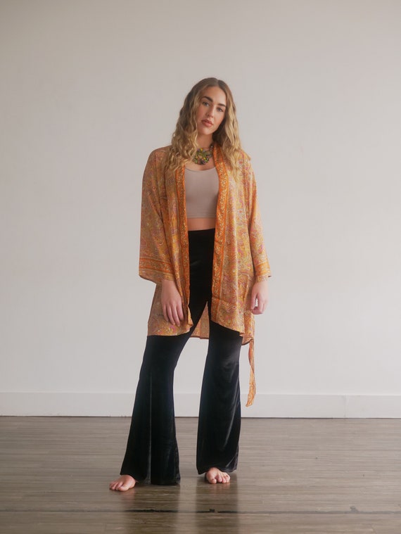 SUNRISE ORANGE KIMONO - Indian Silk Cardigan - Cover Up - Bohemian mid length Kaftan - Lounge - Wrap Around Kimono - Lingerie Jacket Gift