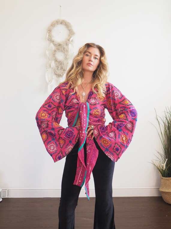 PINK DREAM TOP - Sheer bell sleeve - Recycled Vintage Embroidered Fabric - Heavily embroidered & Embellished Sequin jacket - 70's Boho Wrap