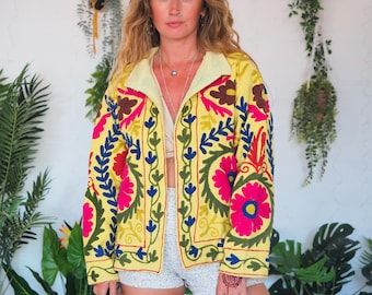 REVERSIBLE BESTICKTE JACKE - 70er Vintage - 60er Baumwoll Crop Sleeve - Hippie Festival Mantel - Kurze Jacke - S / M Blumenstickerei