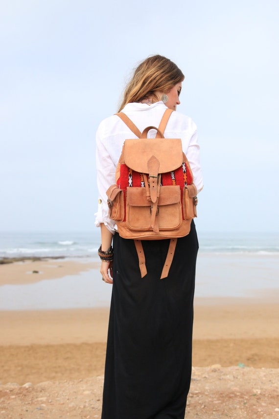 XL AZTEC RUCKSACK - Large Leather Rucksack - 60's 70's Backpack - Vintage Moroccan Fabric - Student Gift - School Bag - Hippie - Laptop Bag