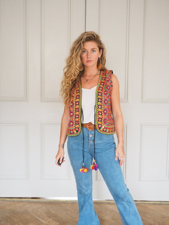 SILK EMBROIDERED VEST - Indian Mirror work - Pom pom Tassel - Vintage Folk - Aladdin jacket - Boho Festival gilet - Patchwork Waistcoat